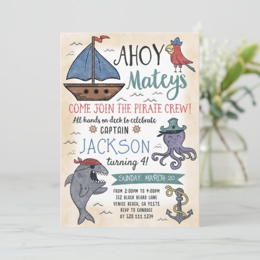 Schattigee Pirate Personages Verjaardagsuitnodigin Kaart (Staand voorkant)
