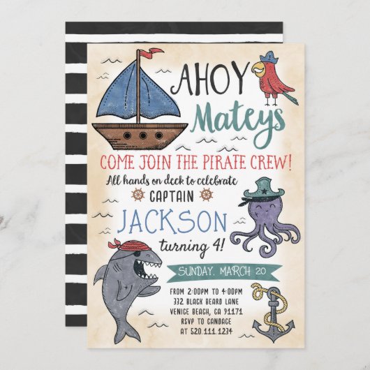 Schattigee Pirate Personages Verjaardagsuitnodigin Kaart (Voorkant / Achterkant)