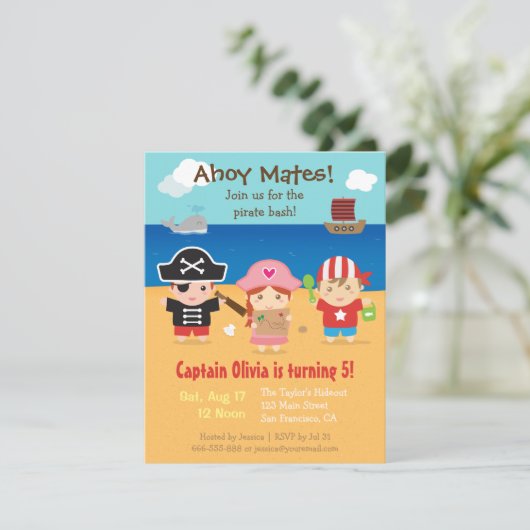 Schattigee Pirate thema Kids Verjaardagsfeest Uitn Kaart (Staand voorkant)