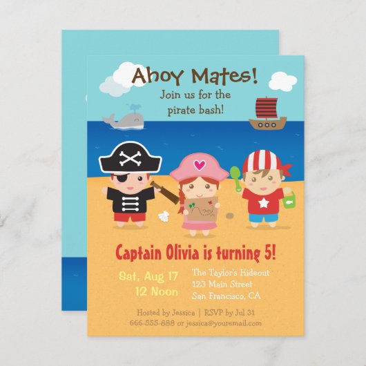 Schattigee Pirate thema Kids Verjaardagsfeest Uitn Kaart (Voorkant / Achterkant)