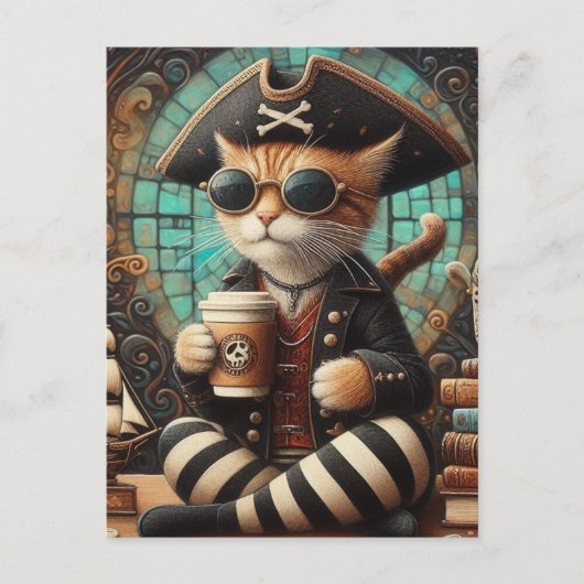Schattigee piratenkat met koffie briefkaart (Voorkant)