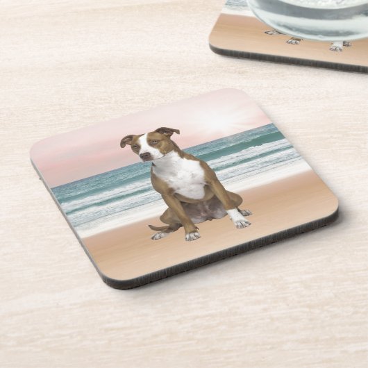 Schattigee Pitbull Dog Zittend op het strand met z Bier Onderzetter (Linkerzijde)