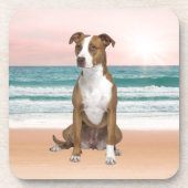 Schattigee Pitbull Dog Zittend op het strand met z Bier Onderzetter (Voorkant)