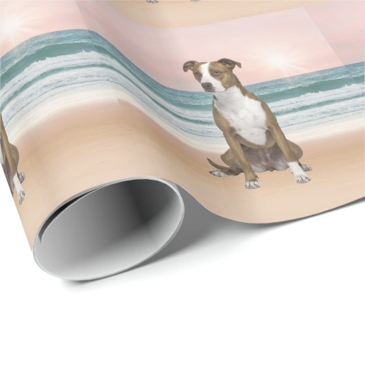 Schattigee Pitbull Dog Zittend op het strand met z Cadeaupapier (Rol Hoek)