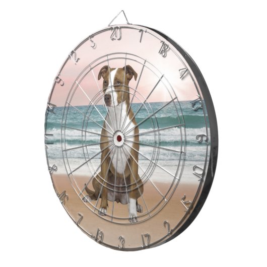 Schattigee Pitbull Dog Zittend op het strand met z Dartbord (Voorkant Rechts)