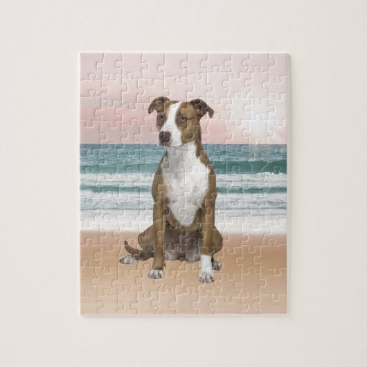 Schattigee Pitbull Dog Zittend op het strand met z Legpuzzel (Verticaal)