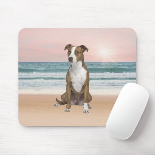 Schattigee Pitbull Dog Zittend op het strand met z Muismat (Met muis)