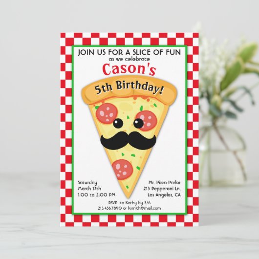 Schattigee Pizza Party Kind verjaardagsuitnodiging Kaart (Staand voorkant)