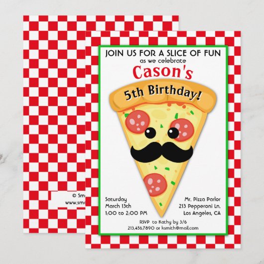 Schattigee Pizza Party Kind verjaardagsuitnodiging Kaart (Voorkant / Achterkant)