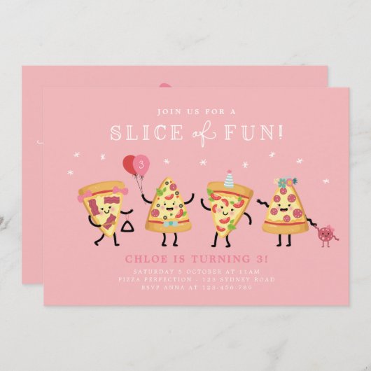 Schattigee Pizza Party Verjaardag Uitnodigen, Slic Kaart (Voorkant / Achterkant)