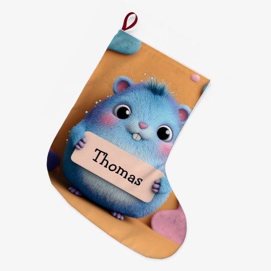 Schattigee pluizige blauwe hamster met een teken m grote kerstsok (Voorkant (Hangend))