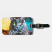 Schattigee pluizige grijze kat foto aangepaste naa bagagelabel (Voorkant horizontaal)