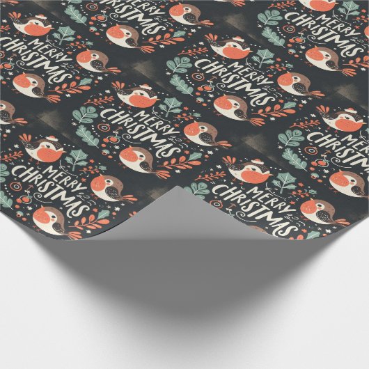 Schattigee pluizige kerst robins krans cadeaupapier (Hoek)