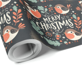 Schattigee pluizige kerst robins krans cadeaupapier