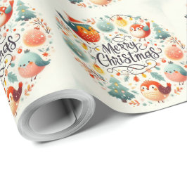 Schattigee pluizige kerst robins krans cadeaupapier