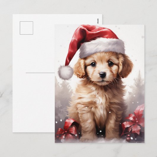 Schattigee pluizige puppy in een kerstmuts feestdagenkaart (Voorkant / Achterkant)