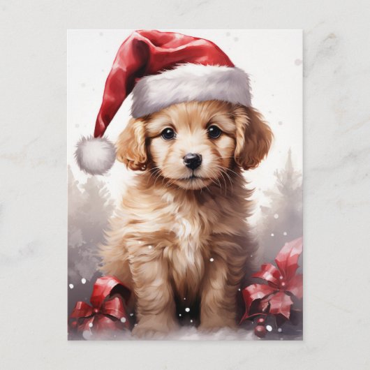Schattigee pluizige puppy in een kerstmuts feestdagenkaart (Voorkant)