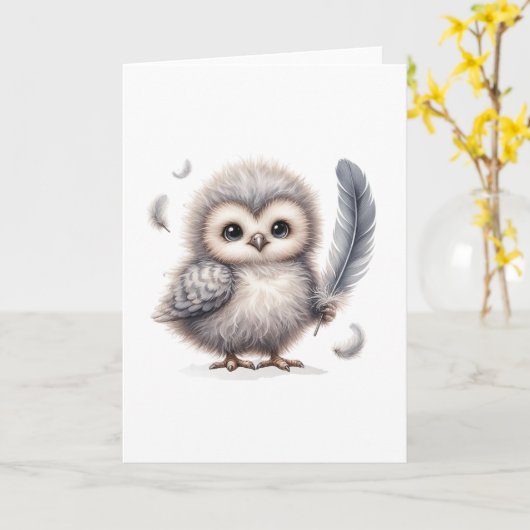 Schattigee pluizige uil all-occasion blanco begroe kaart (Gele Bloem)