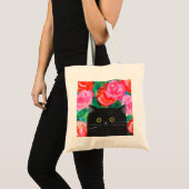 Schattigee pluizige zwarte kat met rode en roze ro tote bag (Voorkant (product))