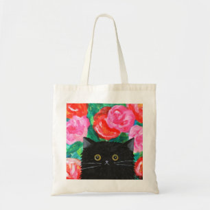 Schattigee pluizige zwarte kat met rode en roze ro tote bag