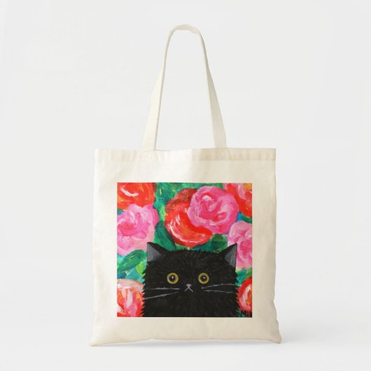 Schattigee pluizige zwarte kat met rode en roze ro tote bag (Voorkant)