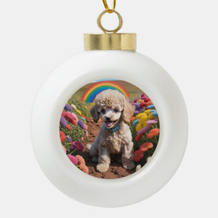 Schattigee poedel Kleurrijke bloem en regenboog Keramische Bal Ornament