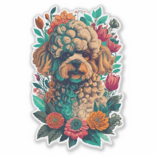 Schattigee poedelhond en bloemen gesneden vinyl sticker (Voorkant)