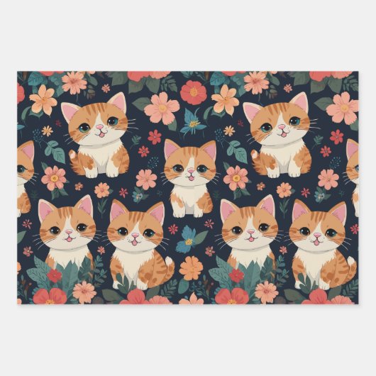 Schattigee poes met kleurrijke bloemmotief inpakpapier vel (Voorkant 3)