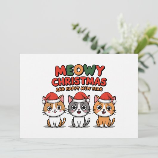 Schattigee poezen miauwen met kerst pet feestdagenkaart (Staand voorkant)