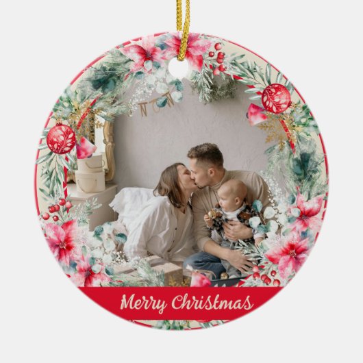 Schattigee Poëzie Poinsettia Rode Groene Krans Ker Keramisch Ornament (Voorkant)