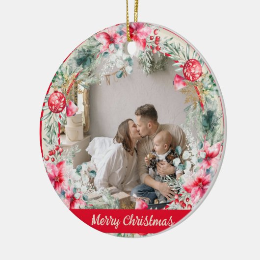 Schattigee Poëzie Poinsettia Rode Groene Krans Ker Keramisch Ornament (Links)