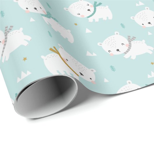 Schattigee Polar Beren met sjaals op lichtblauw Cadeaupapier (Rol Hoek)