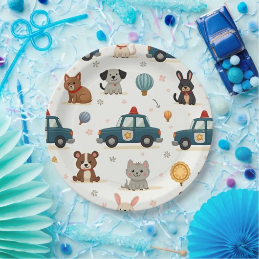 Schattigee politieauto’s en dieren papieren bordje (Feest)