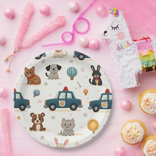 Schattigee politieauto’s en dieren papieren bordje (Feest)