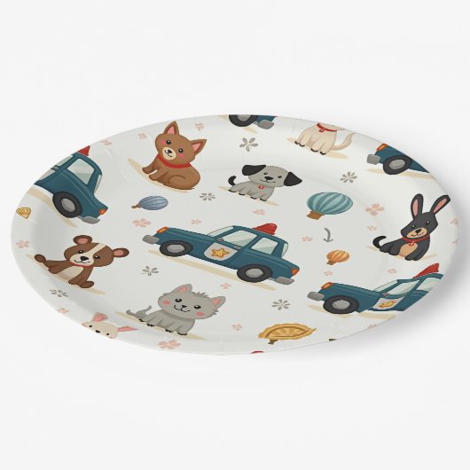 Schattigee politieauto’s en dieren papieren bordje (Gekanteld)