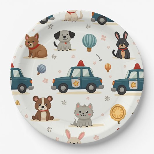 Schattigee politieauto’s en dieren papieren bordje (Voorkant)