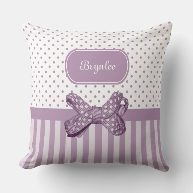 Schattigee Polka Dot Bow Girly Lavendel Strepen en Kussen (Voorkant)