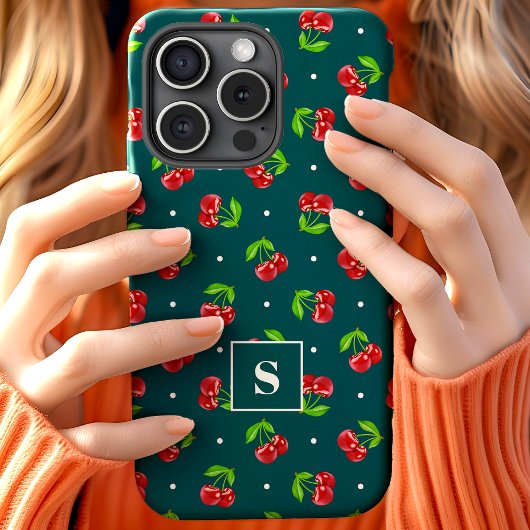 Schattigee polka dot kersen op Blauwgroen monogram Case-Mate iPhone Case