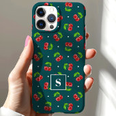Schattigee polka dot kersen op Blauwgroen monogram Case-Mate iPhone Case