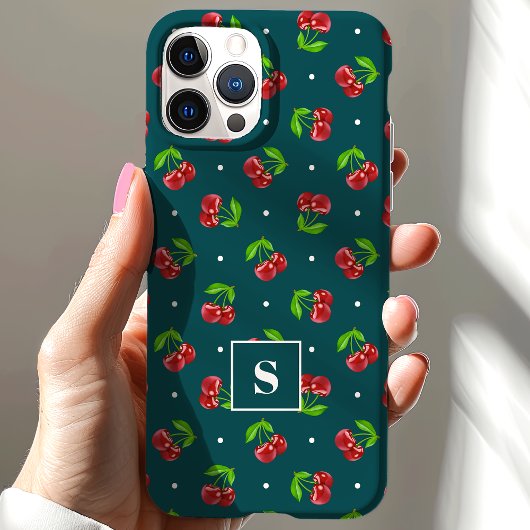 Schattigee polka dot kersen op Blauwgroen monogram Case-Mate iPhone Case