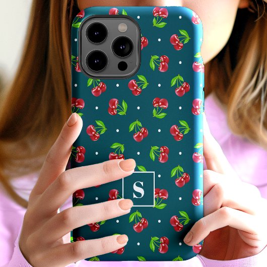 Schattigee polka dot kersen op Blauwgroen monogram Case-Mate iPhone Case