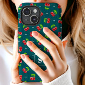 Schattigee polka dot kersen op Blauwgroen monogram Case-Mate iPhone Case