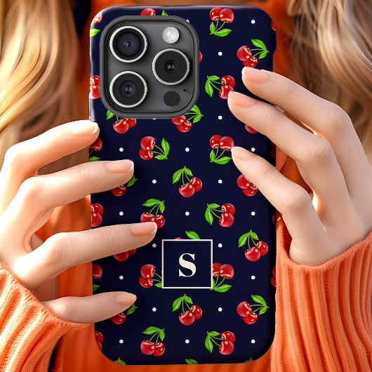 Schattigee polka dot kersen op marine monogram Case-Mate iPhone case