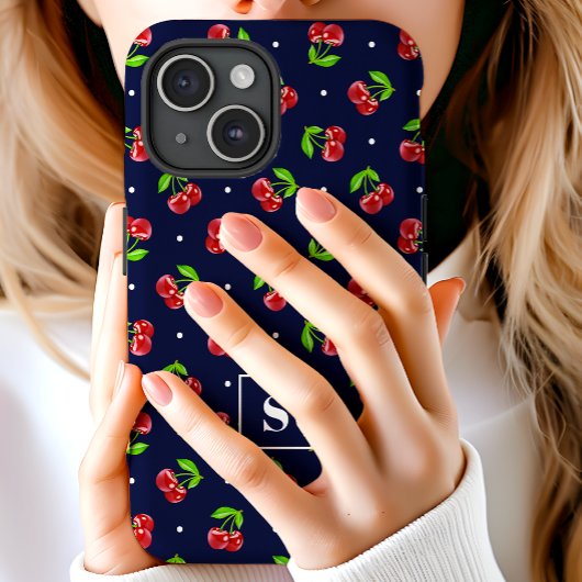 Schattigee polka dot kersen op marine monogram Case-Mate iPhone case