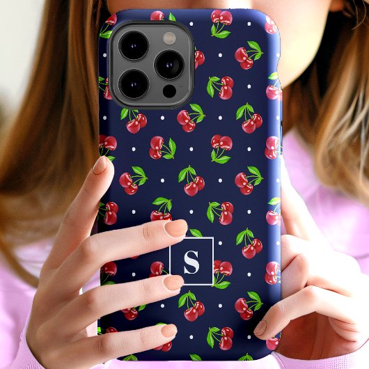 Schattigee polka dot kersen op marine monogram Case-Mate iPhone case