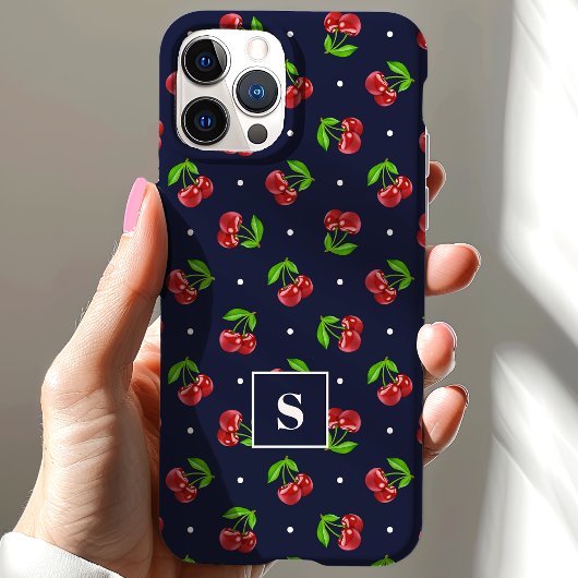 Schattigee polka dot kersen op marine monogram Case-Mate iPhone case