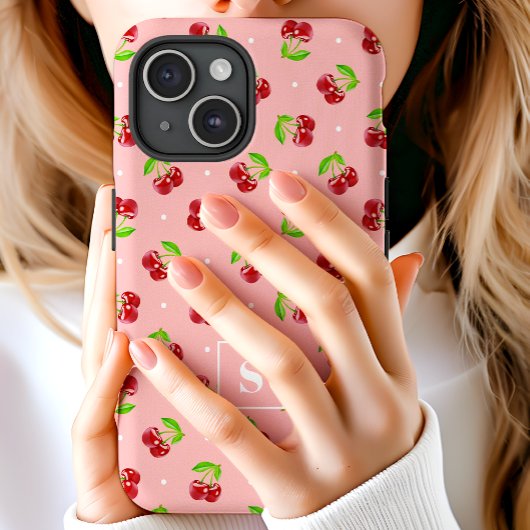 Schattigee polka dot kersen op roze monogram Case-Mate iPhone case
