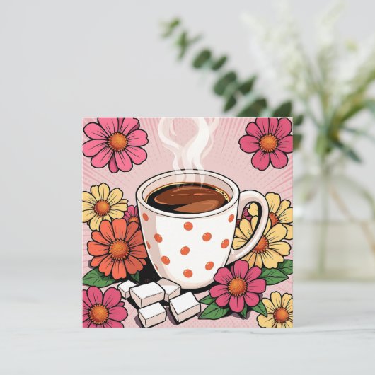 Schattigee Polka Dot Koffiebeker en Bloemen Blank (Staand voorkant)