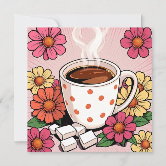 Schattigee Polka Dot Koffiebeker en Bloemen Blank (Voorkant)