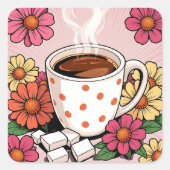 Schattigee Polka Dot koffiebeker en bloemen Vierkante Sticker (Voorkant)